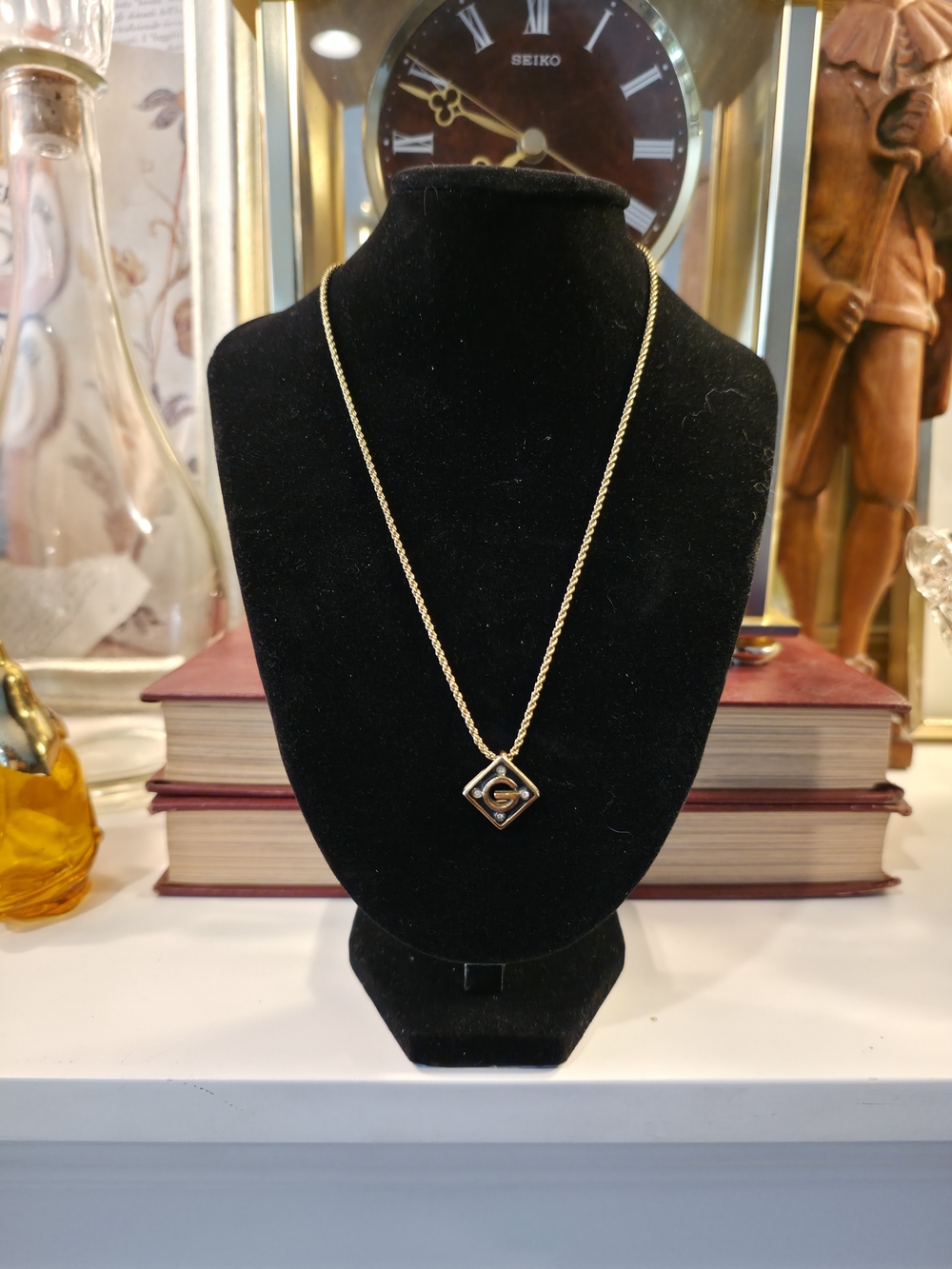 Vintage 1980s Givenchy Black Enamel Diamond Pendant Rope Chain Necklace